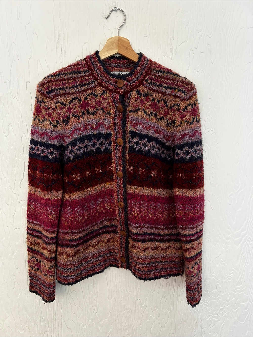 NORTH STYLE Boucle Knit Cozy Cardigan Medium Pink Blue Fair Isle Y2K